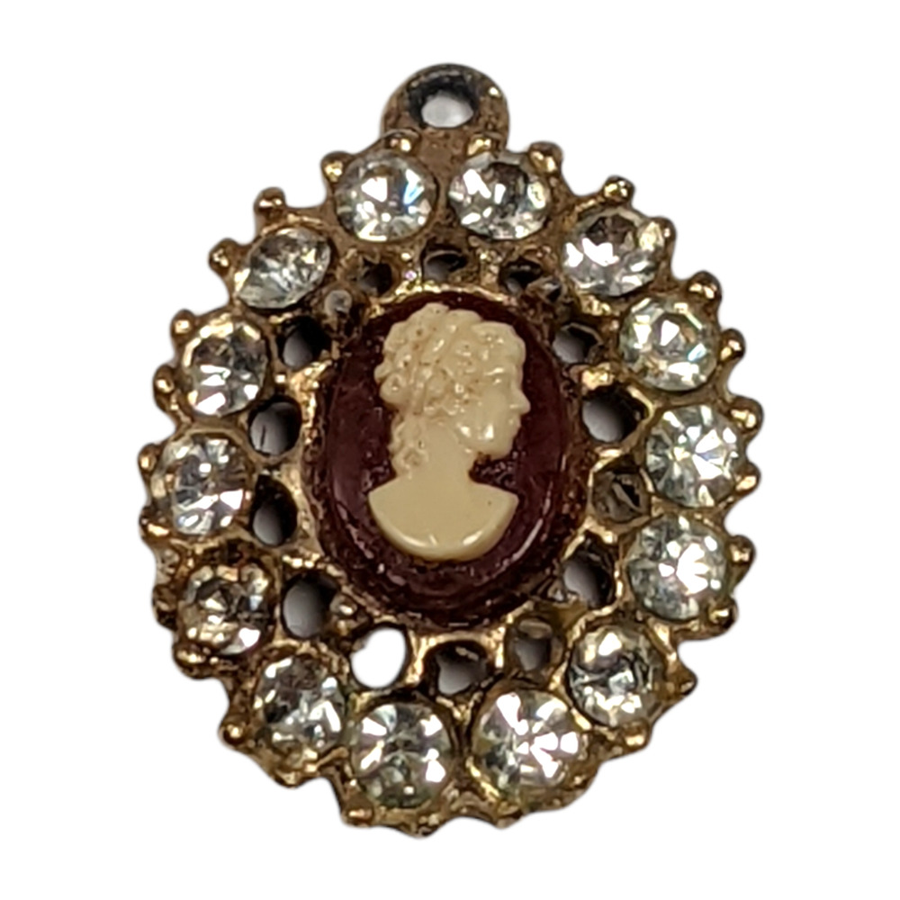 Vintage Oval Cameo Mini Ornate Pendant Gold Tone Clear Rhinestones